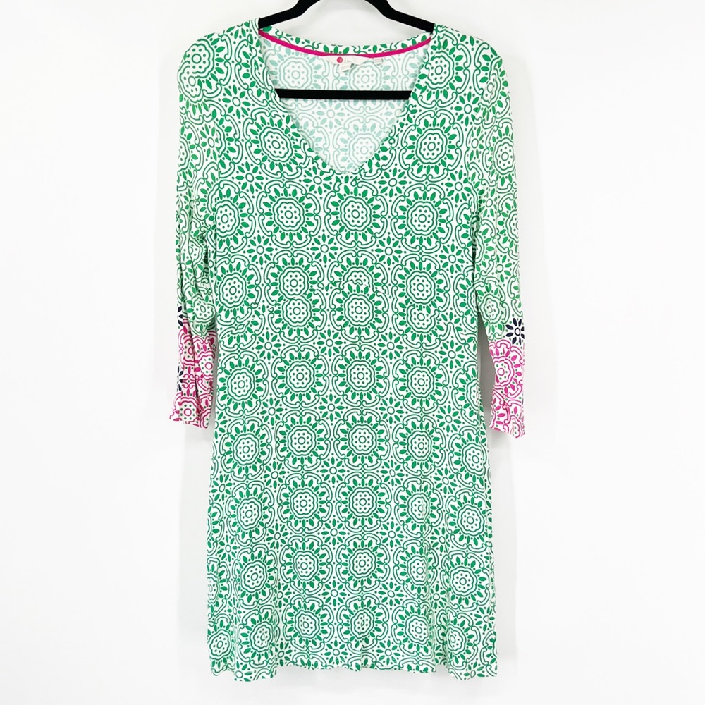 Boden V-Neck 3/4 Sleeve Medallion Print Green Pink Dress